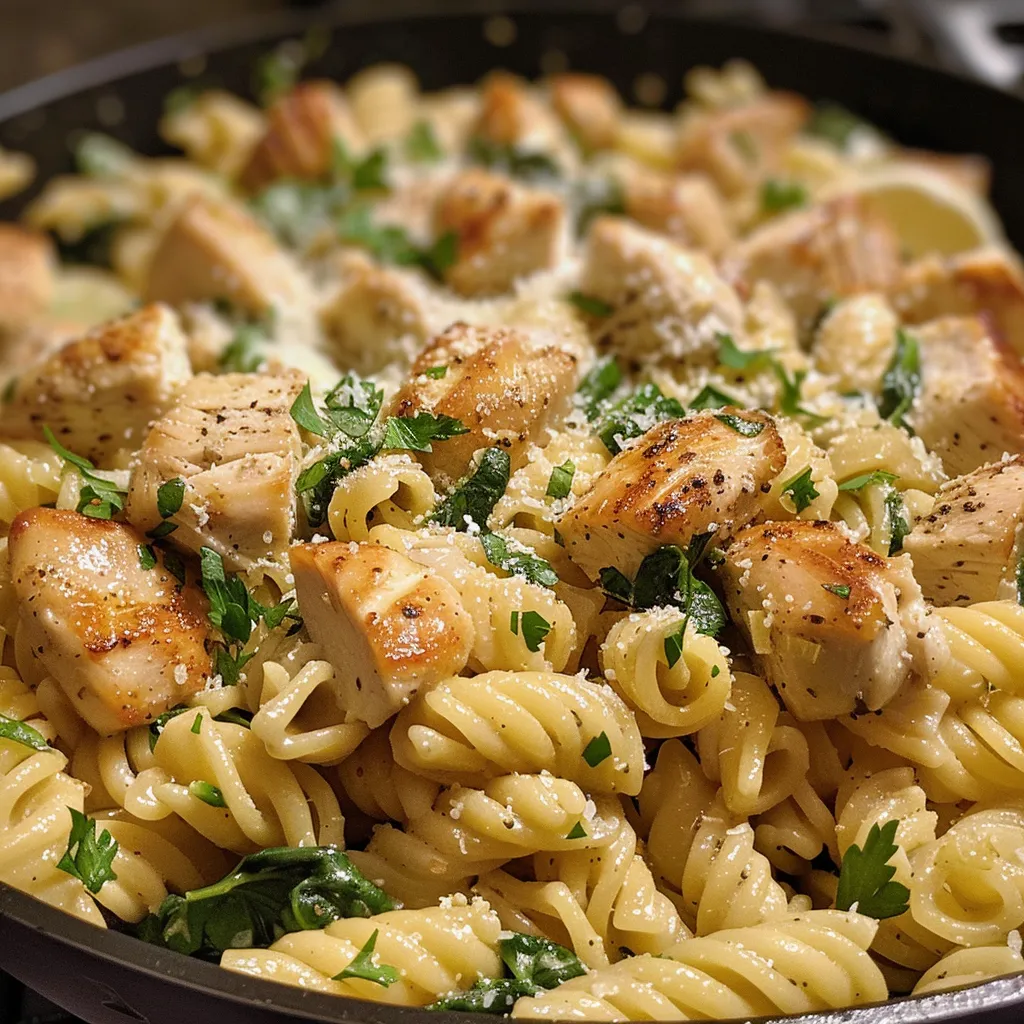 Bowl of one-pot chicken pasta highlighted by a rich lemon and garlic sauce with spinach.