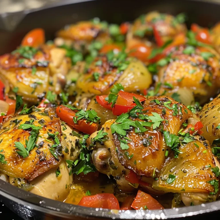 Close-up view of a platter featuring One-Pot Mediterranean Chicken with vibrant vegetables.