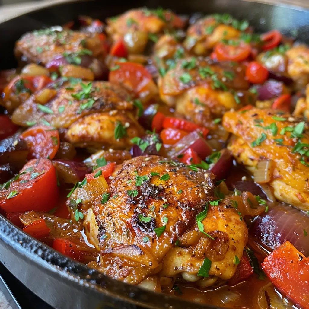 Side angle of juicy Mediterranean chicken thighs garnished with fresh parsley and colorful veggies.