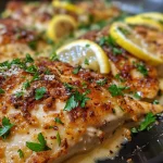 Close-up of juicy Parmesan-crusted lemon chicken garnished with lemon slices and parsley.