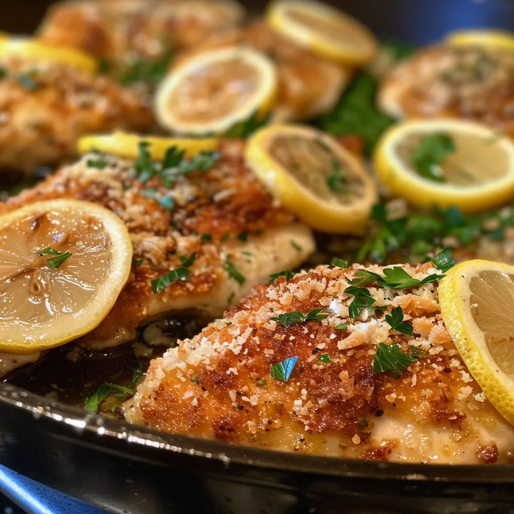 Side view of delicious lemon chicken with a golden, crispy Parmesan crust on a plate.