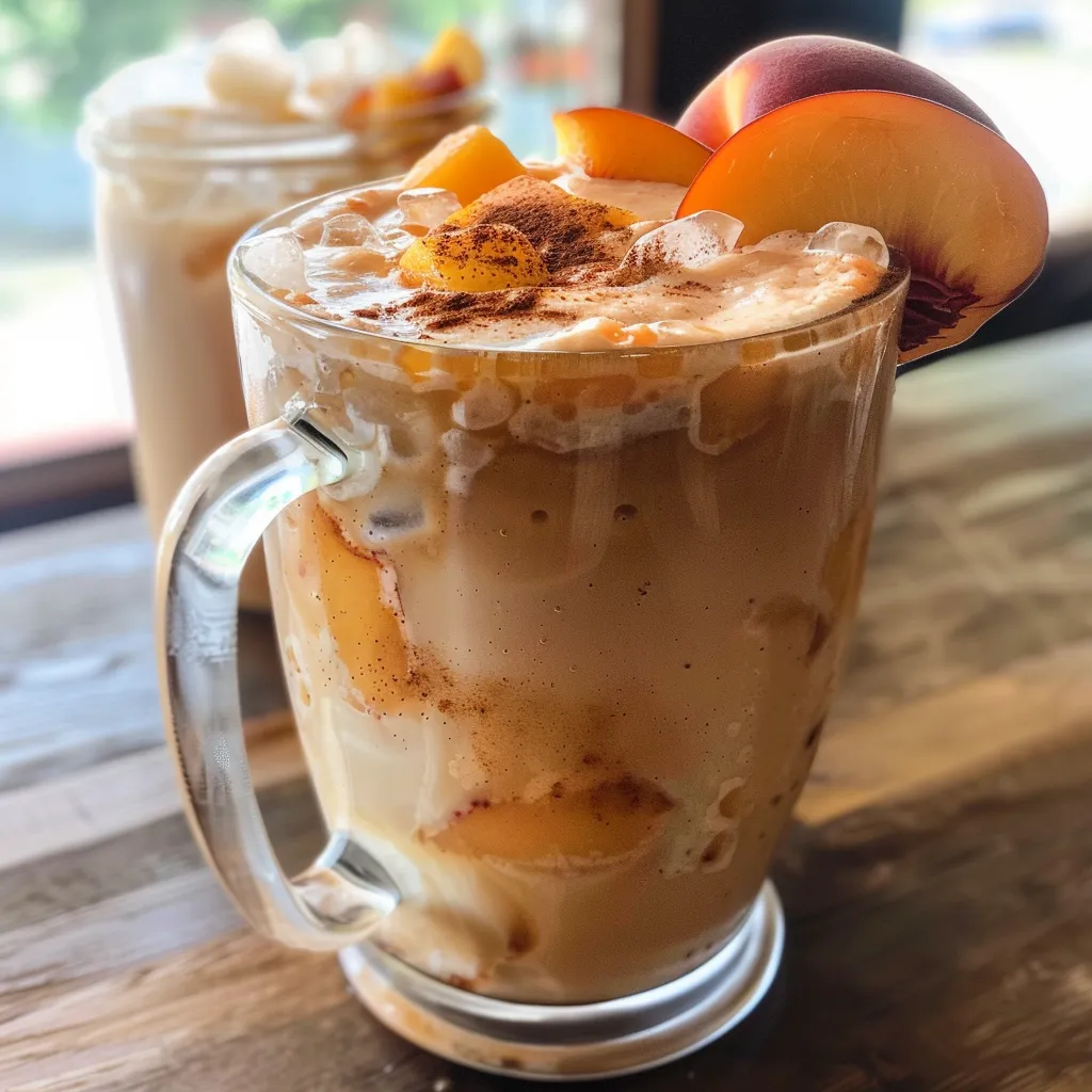 A peach-colored latte with visible layers of oat milk and coffee, garnished with a cinnamon stick, viewed from the side.