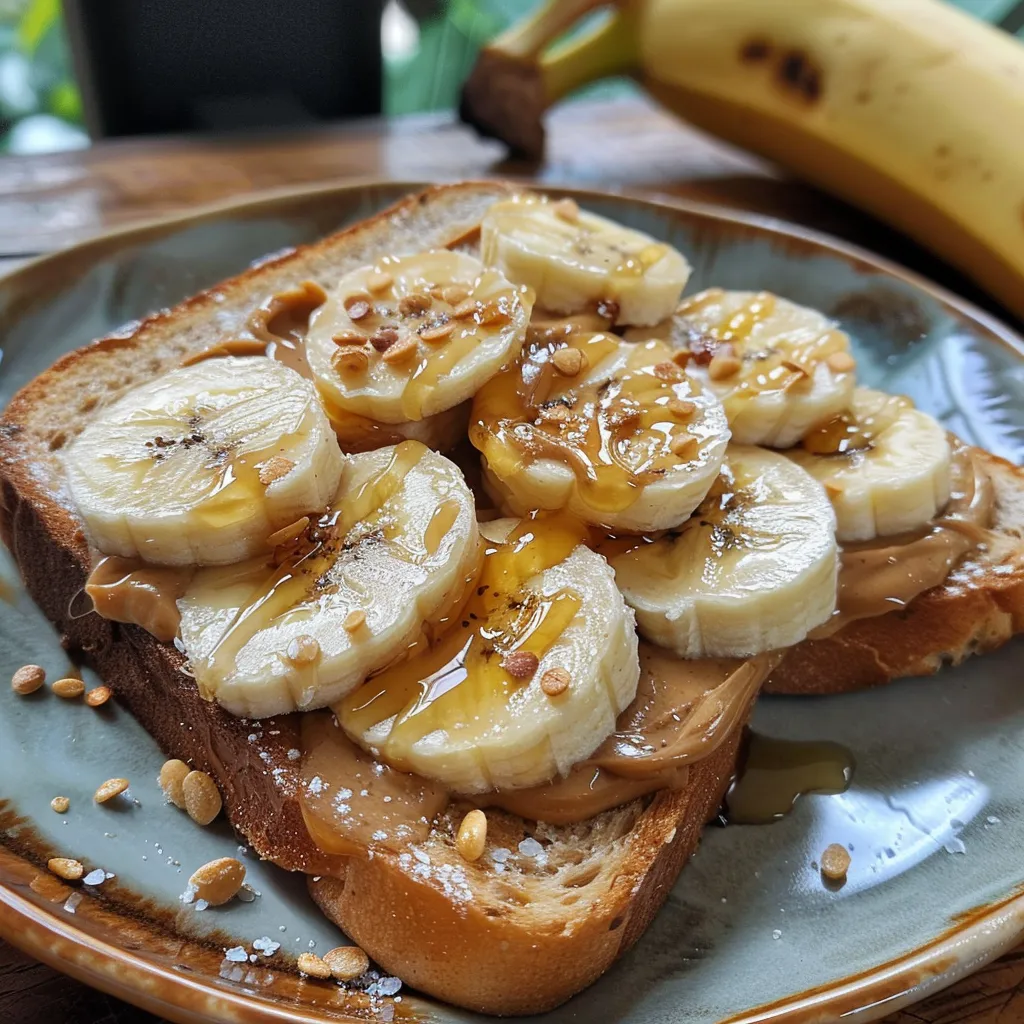 Slices of sourdough bread spread with peanut butter and adorned with banana slices.