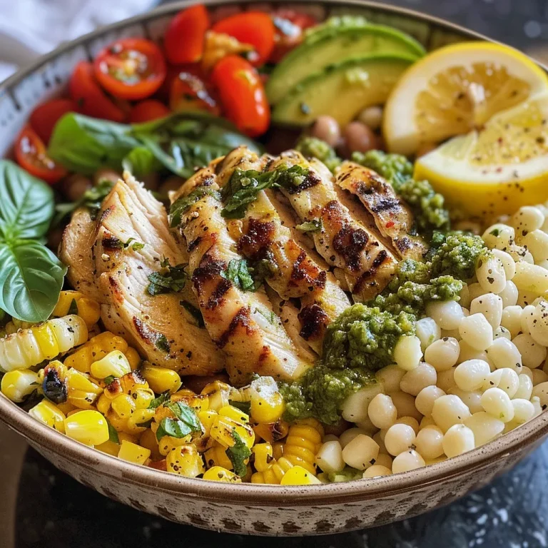 Detailed view of a colorful Pesto Chicken Bowl filled with cannellini beans and lemon wedges.
