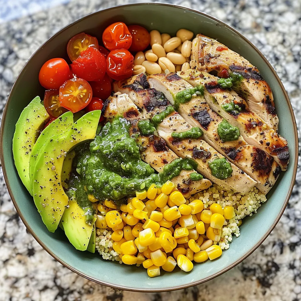 Appetizing Pesto Chicken Bowl showcasing sliced chicken, fresh basil, and roasted corn.