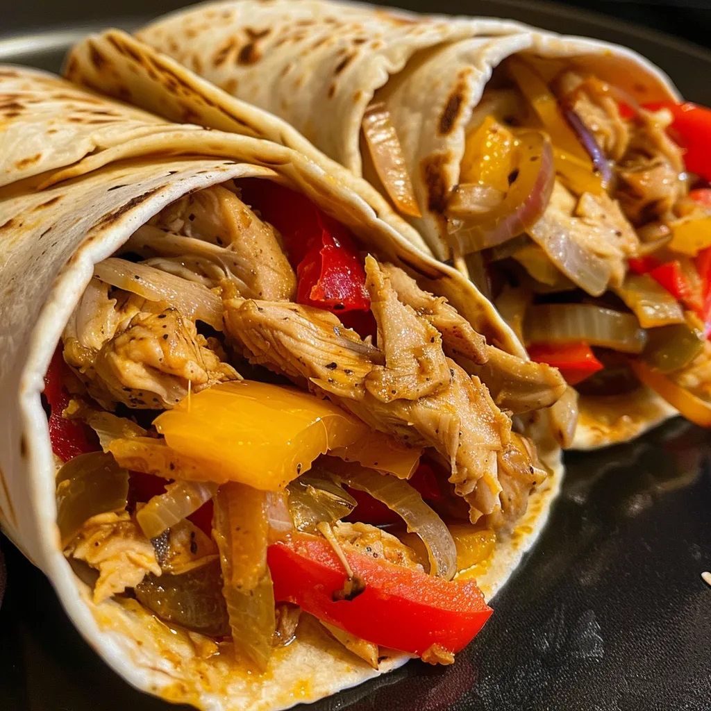 Mouthwatering Philly Chicken Cheesesteak Wrap featuring cooked chicken, sliced peppers, and cheese, elegantly presented.