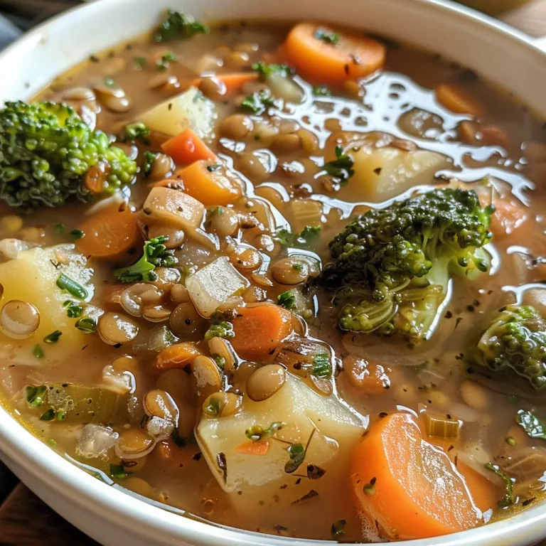 Close-up view of a bowl of vibrant plant-based lentil and vegetable soup.