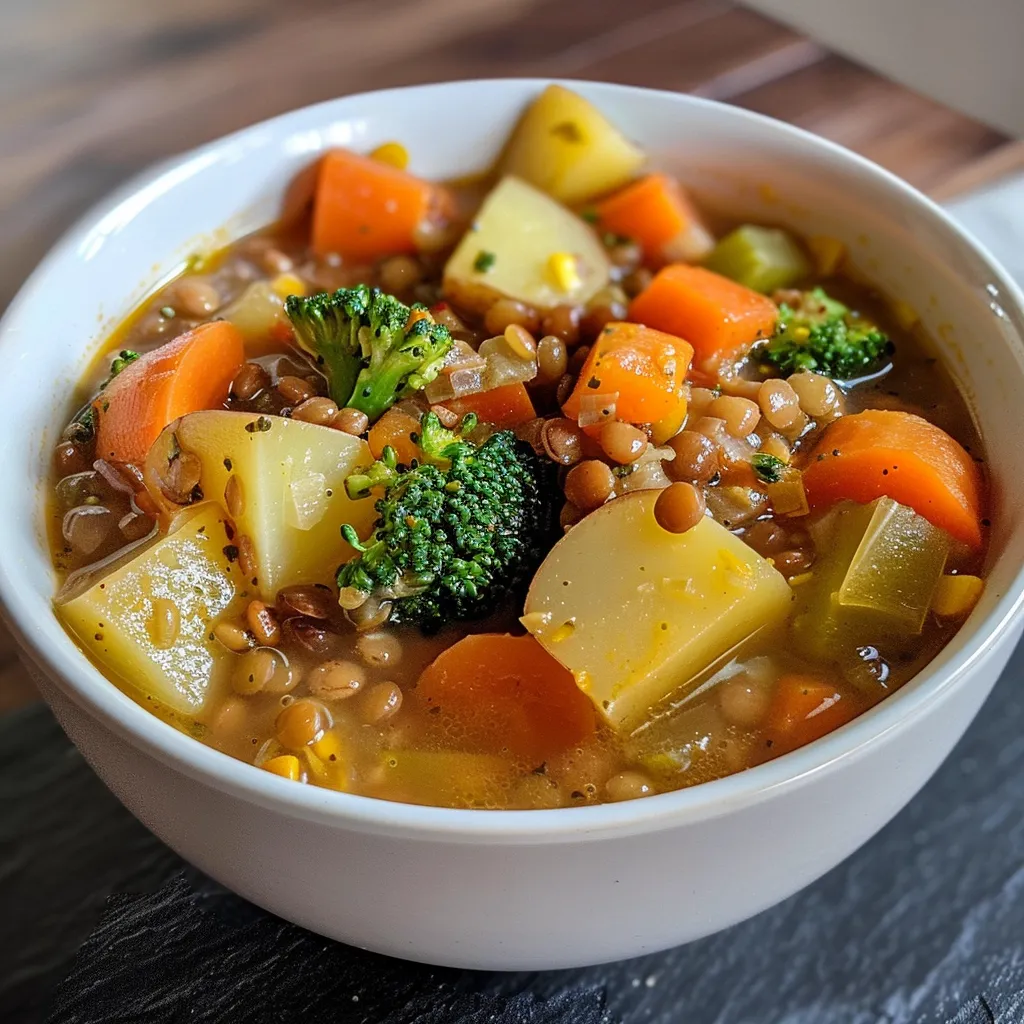 Side view of a hearty lentil and vegetable soup, showcasing fresh ingredients.