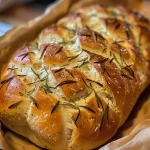 Close-up view of homemade rosemary bread with olive oil, showing a crusty exterior and soft interior.