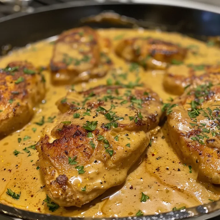 A Culinary Adventure: Discovering the Creamy Paprika Chicken That Unites Cultures Juicy skillet creamy paprika chicken displayed from the side, accentuating its vibrant colors and creamy sauce.