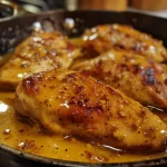 Delicious skillet chicken with a shiny honey mustard glaze, showcasing juicy texture.