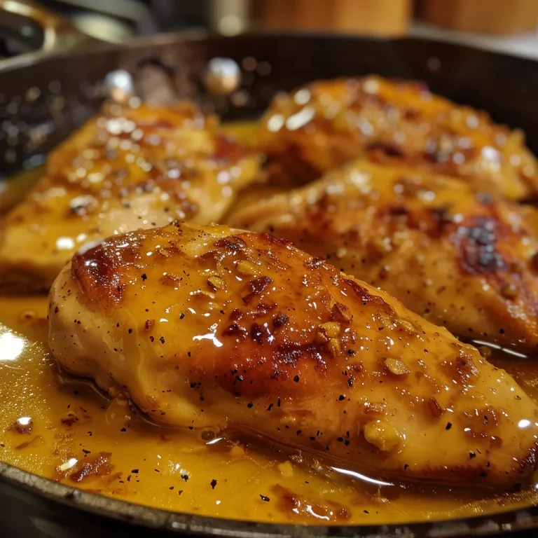 Delicious skillet chicken with a shiny honey mustard glaze, showcasing juicy texture.