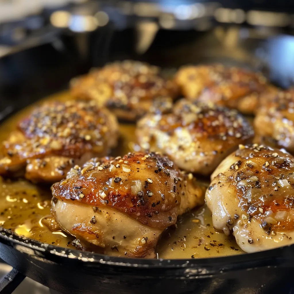 Juicy boneless chicken breasts in a skillet, covered in a golden honey mustard sauce.