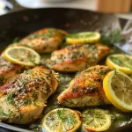 Side view of flavorful lemon dill chicken thighs, served with a drizzle of sauce.