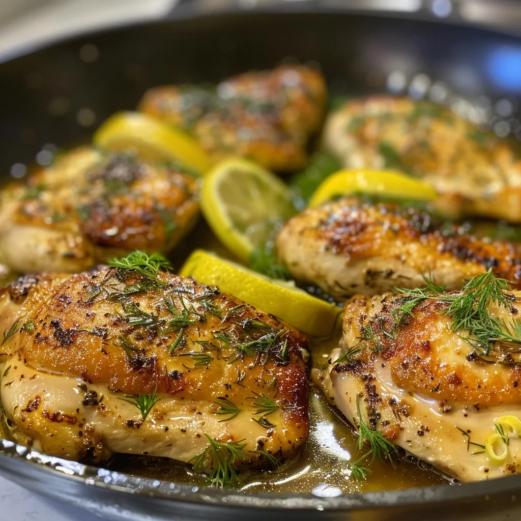 Tender, golden-brown chicken thighs with lemon slices and dill in a cast-iron skillet.
