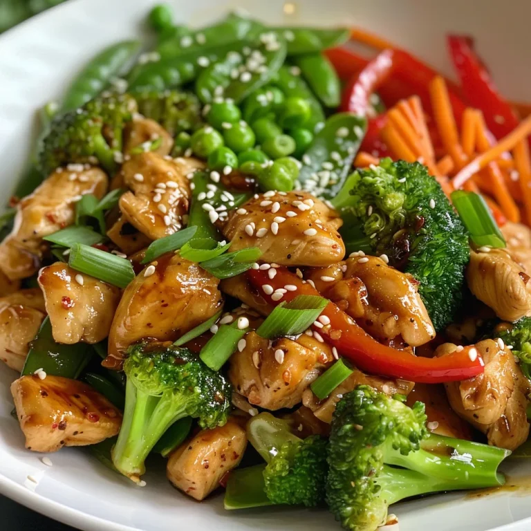 Side view of a nutritious chicken stir-fry featuring green onions and sesame seeds.
