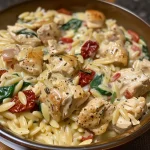 Juicy chunks of chicken and orzo pasta mixed with spinach and cream in a slow cooker setting.