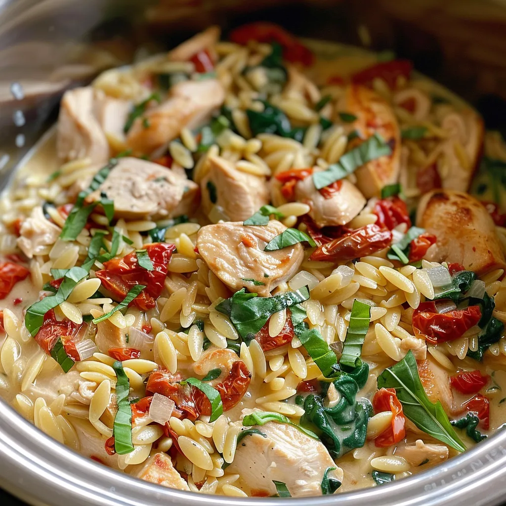 Delicious bowl of creamy Tuscan chicken orzo showing vibrant colors of sun-dried tomatoes and spinach.