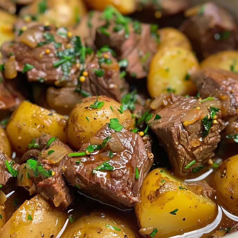 Close-up view of juicy garlic butter beef bites with halved potatoes in a bowl.