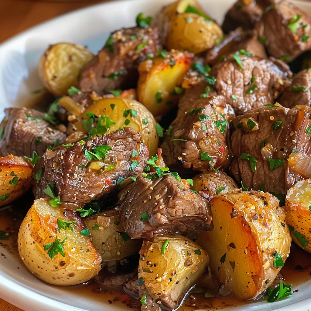 Side view of tender beef pieces and potatoes coated in garlic butter sauce.