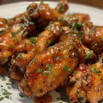 Appetizing slow cooker wings drenched in hot honey and garnished with parsley.