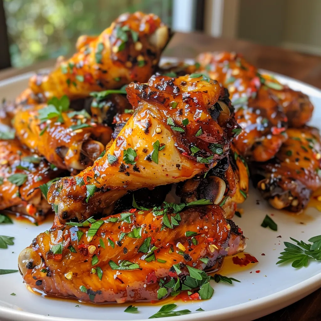 Delicious chicken wings coated in a sticky hot sauce, served with red pepper flakes.