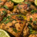 Succulent Spicy Garlic Lime Chicken served with lime wedges on the side.