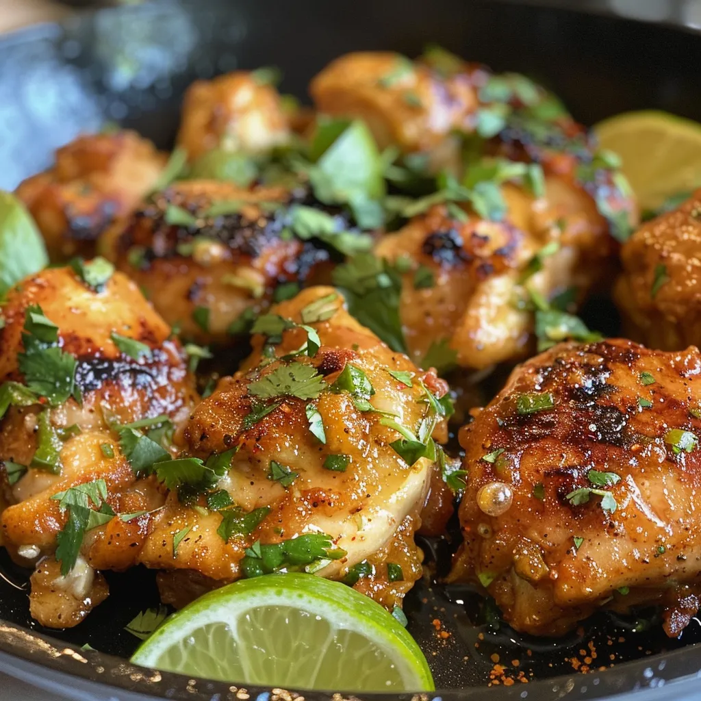 Close-up side view of glazed chicken breasts drizzled with honey and lime.