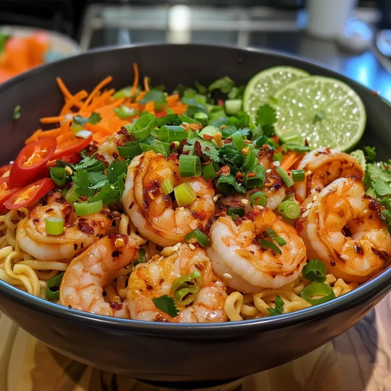 A colorful bowl of Spicy Shrimp Ramen with vibrant vegetables and shrimp.