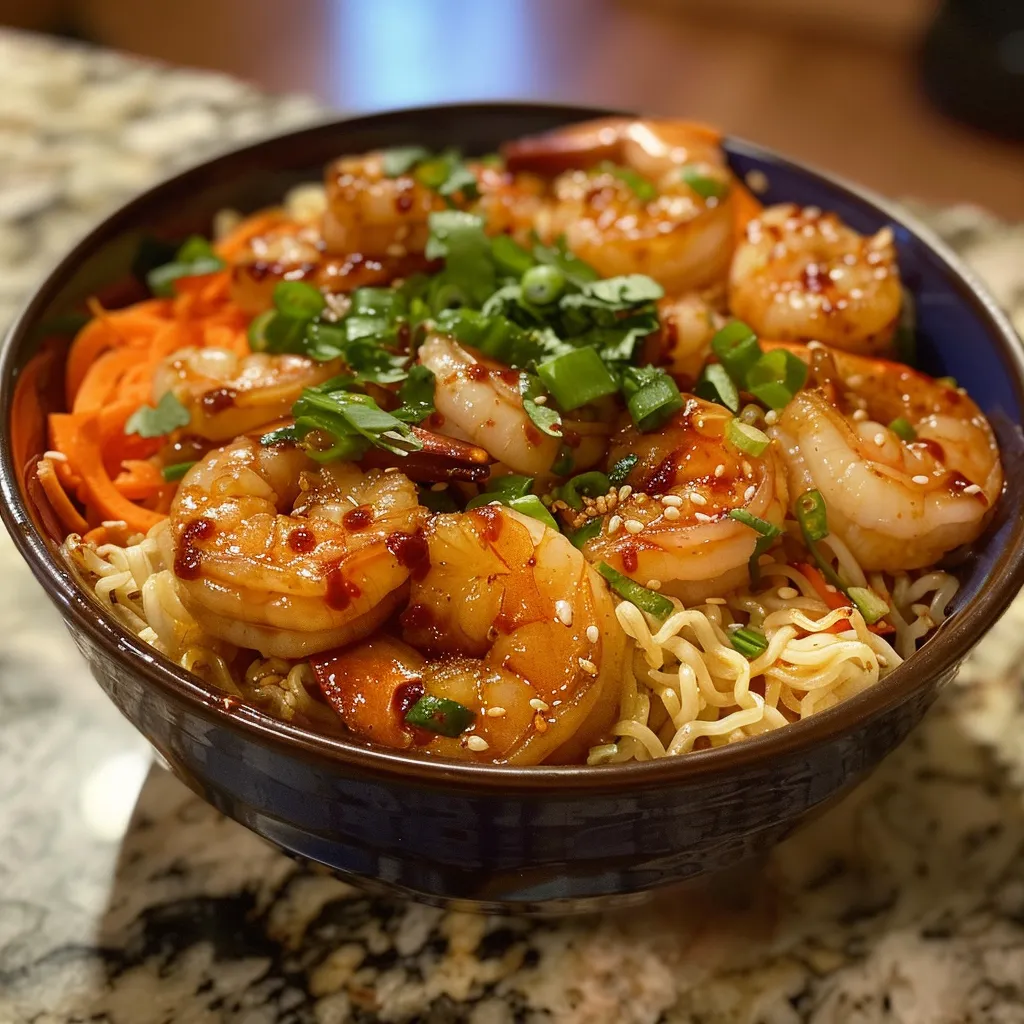 Close-up view of a Spicy Shrimp Ramen Bowl featuring shrimp, noodles, and fresh garnishes.