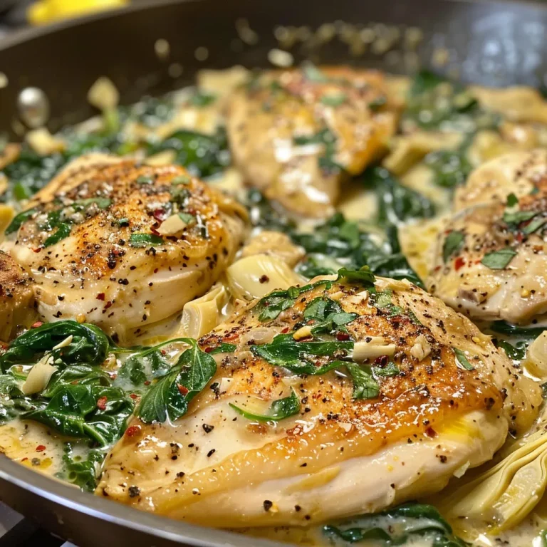 A Culinary Adventure: Discovering the Creamy Spinach Artichoke Chicken Skillet A detailed image of a Spinach Artichoke Chicken Skillet, featuring artichoke hearts and fresh spinach.