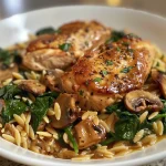 Side view of a dish filled with Spinach Mushroom Orzo with Chicken, highlighting the colorful ingredients.