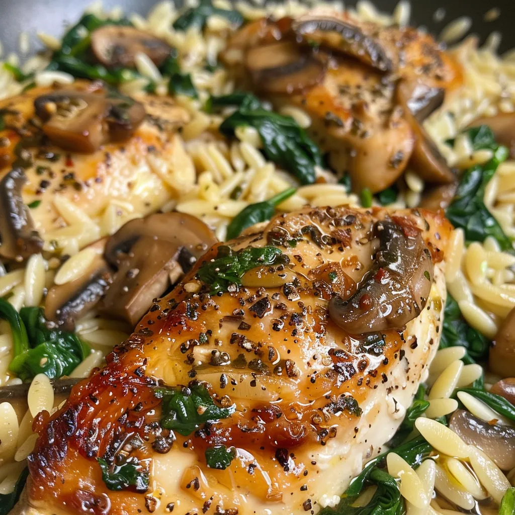 Delicious-looking Spinach Mushroom Orzo with Chicken, with visible mushrooms and spinach throughout.