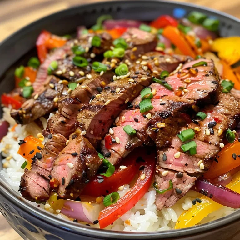 Close-up view of a Steak Rice Bowl with colorful vegetables and juicy steak slices.