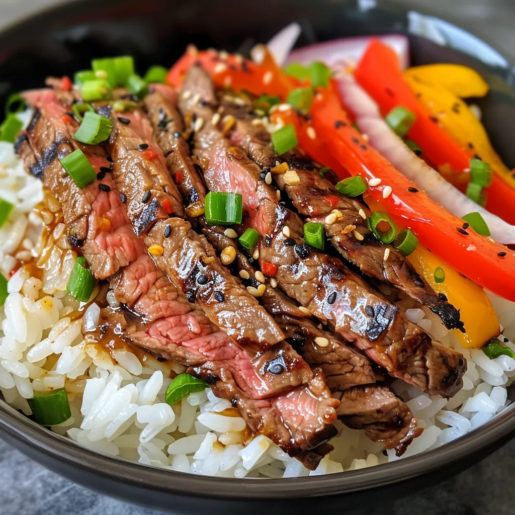 Side view of a delicious Steak Rice Bowl featuring bell peppers and green onions.