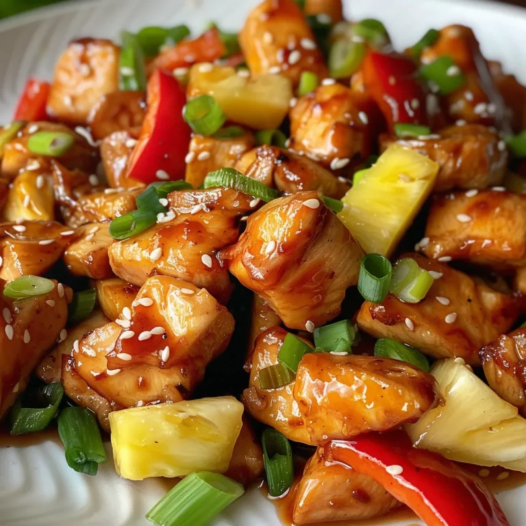 Tender chicken pieces in a glossy honey garlic glaze, garnished with green onions and sesame seeds, with a side of pineapple.