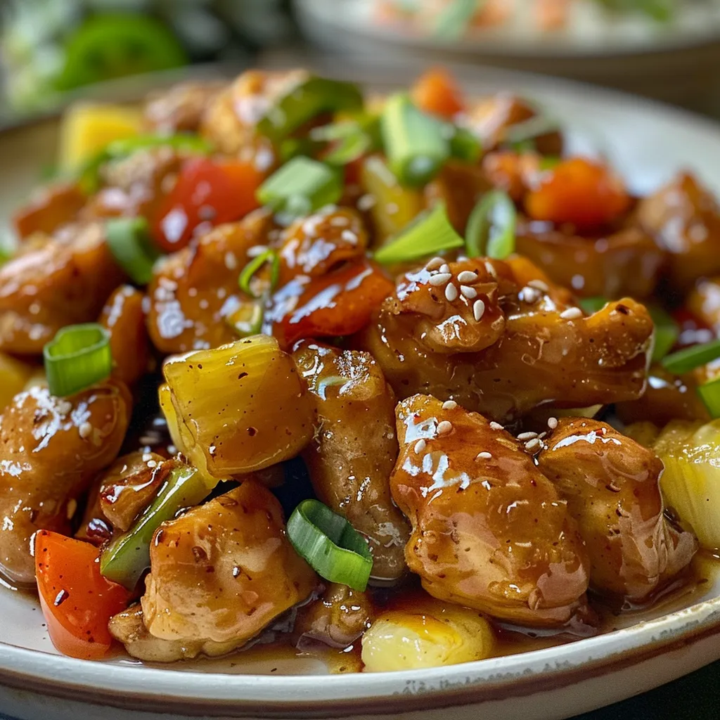 Side view of honey garlic chicken featuring vibrant bell peppers and pineapple, showcasing its texture and glaze.