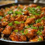 Close-up image of chicken thighs garnished with sesame seeds and green onions.