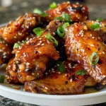 Close-up image of sticky chicken wings with a rich glaze, sprinkled with sesame seeds and fresh herbs.