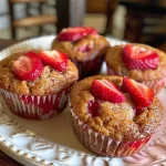 Close-up view of a freshly baked strawberry muffin, showcasing its golden top and visible strawberry pieces.