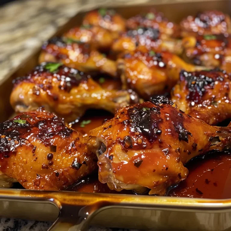 Deliciously baked chicken with a shiny, caramelized exterior, surrounded by sauce.
