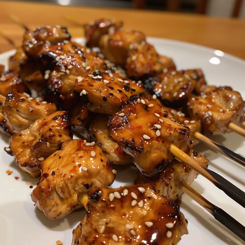 Deliciously grilled chicken skewers with a shiny sweet chili glaze, ready to serve.