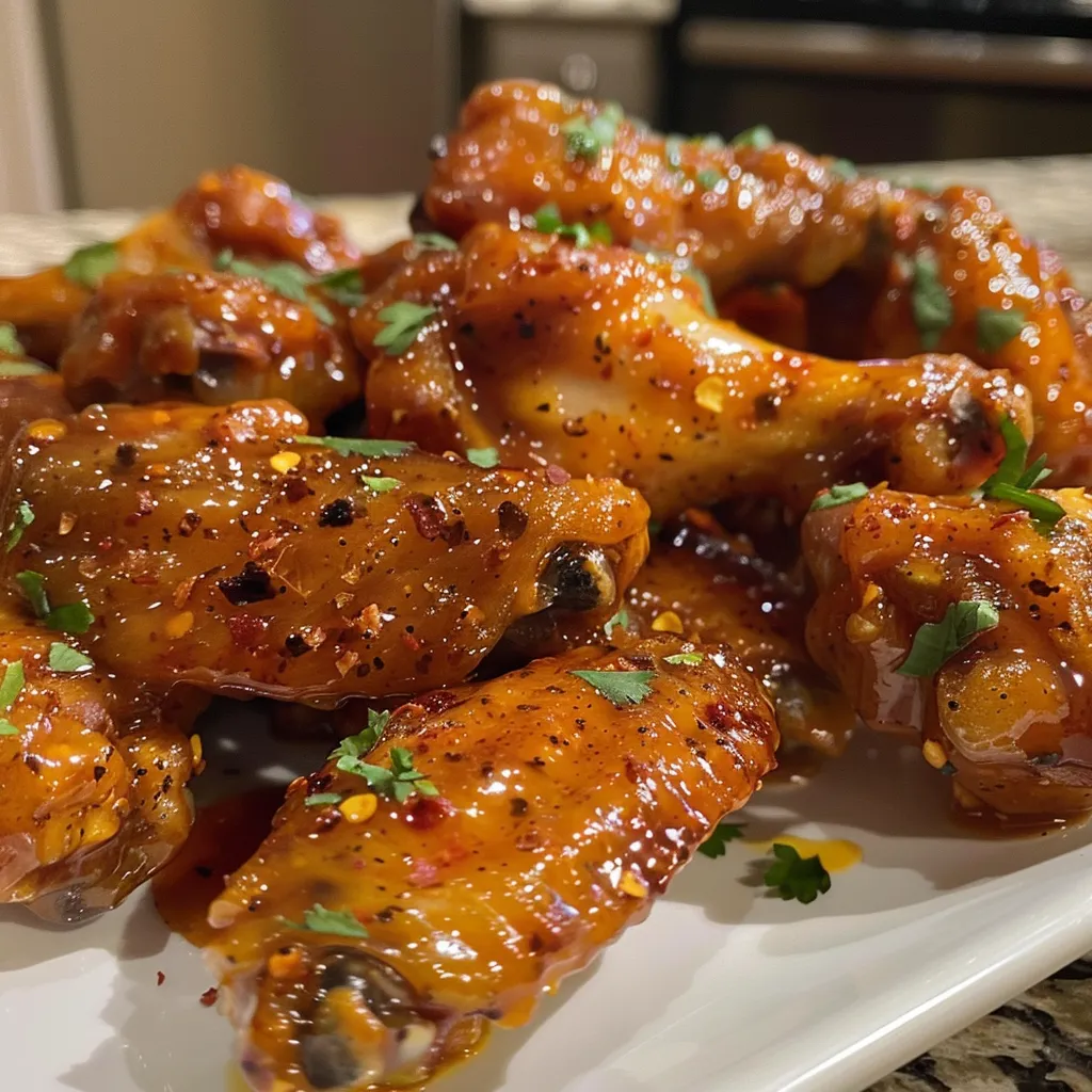 Close-up of flavorful chicken wings garnished with sauce and spices.