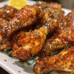 Image of succulent chicken wings with a sweet and spicy sauce, garnished with pepper.