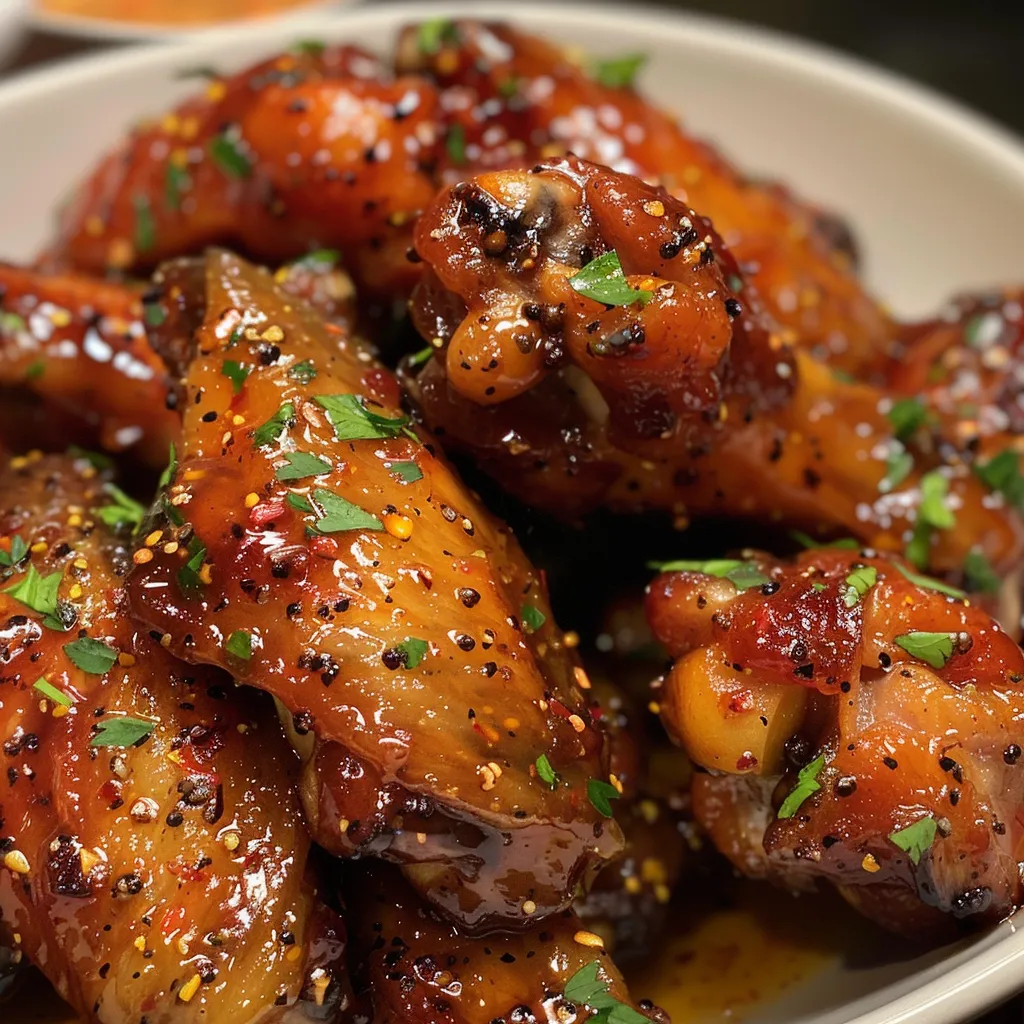 Delicious-looking peach lemon pepper wings drizzled with hot honey and spices.