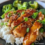 A side view of tender teriyaki chicken with a glossy brown sauce.