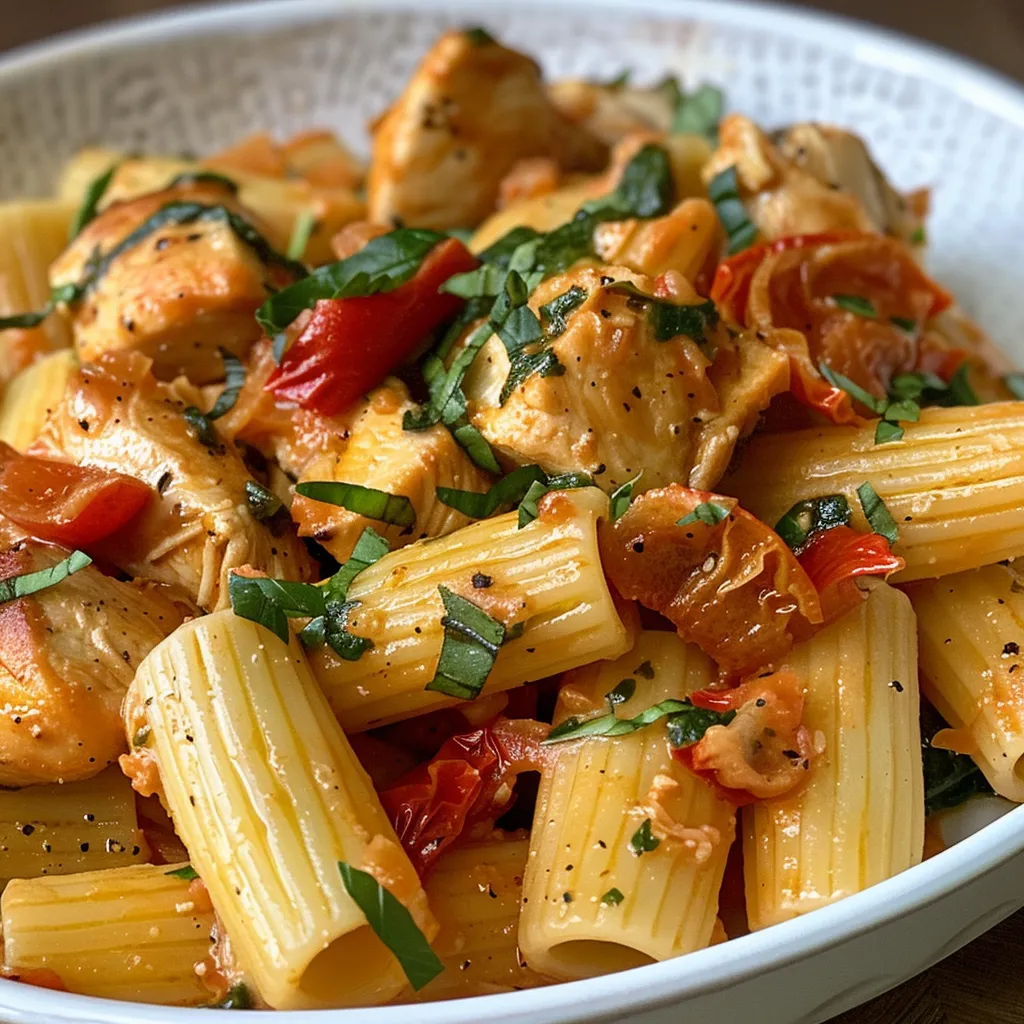 Juicy rigatoni pasta mixed with chicken and colorful vegetables on a plate.