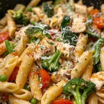 Detail of Chicken Pasta Primavera with fresh vegetables, pasta, and a sprinkle of Parmesan cheese.