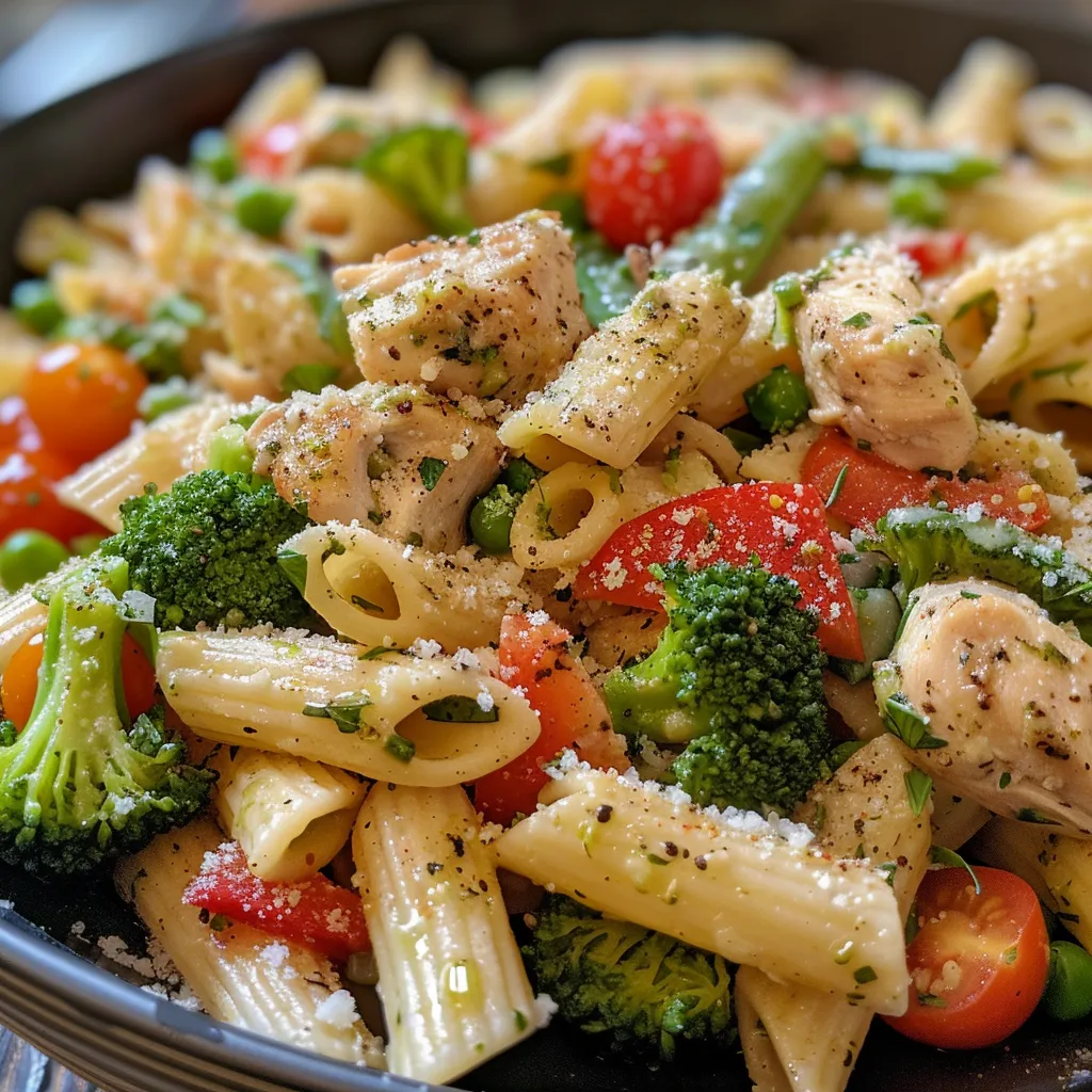 Colorful Vegetable-Packed Chicken Pasta Primavera arranged in a bowl, garnished with parsley and lemon.