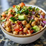 Close-up view of a colorful chickpea quinoa salad in a bowl, featuring fresh vegetables and creamy tahini.